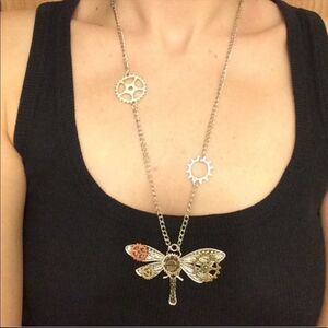 Steampunk Industrial Mixed Metal Gears Dragonfly Pendant Necklace NWT